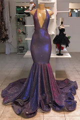 Mermaid Deep V-neck Halter Chapel Ruffle Hem Paillette Prom Dress-Ballbella