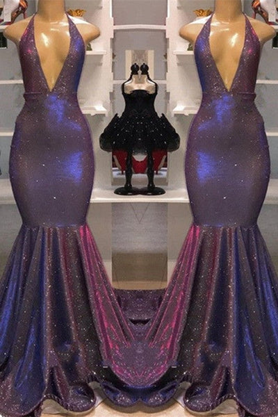 Mermaid Deep V Neck Halter Chapel Ruffle Hem Paillette Prom Dress –  Ballbella