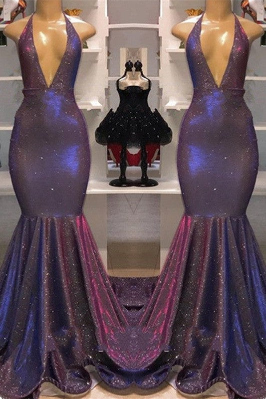 Mermaid Deep V-neck Halter Chapel Ruffle Hem Paillette Prom Dress-Ballbella