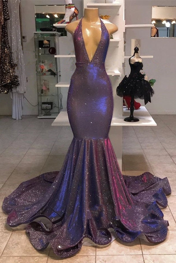 halter neck dress with ruffle bottom dark purple prom Mermaid Deep V-neck Halter Chapel Ruffle Hem Paillette Prom Dress