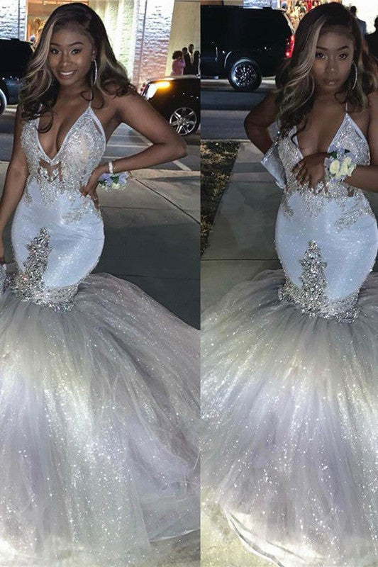 Mermaid Deep V-neck Halter Floor Length Tulle Paillette Beading Prom Dress-Ballbella
