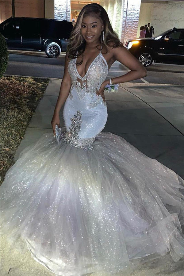 Mermaid Deep V-neck Halter Floor Length Tulle Paillette Beading Prom Dress-Ballbella