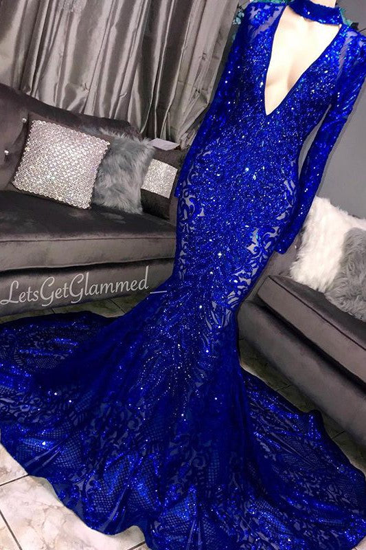 Mermaid Deep V-neck Round Collar Long Sleeve Floor Length Crochet Flower Embroidery Prom Dress-Ballbella