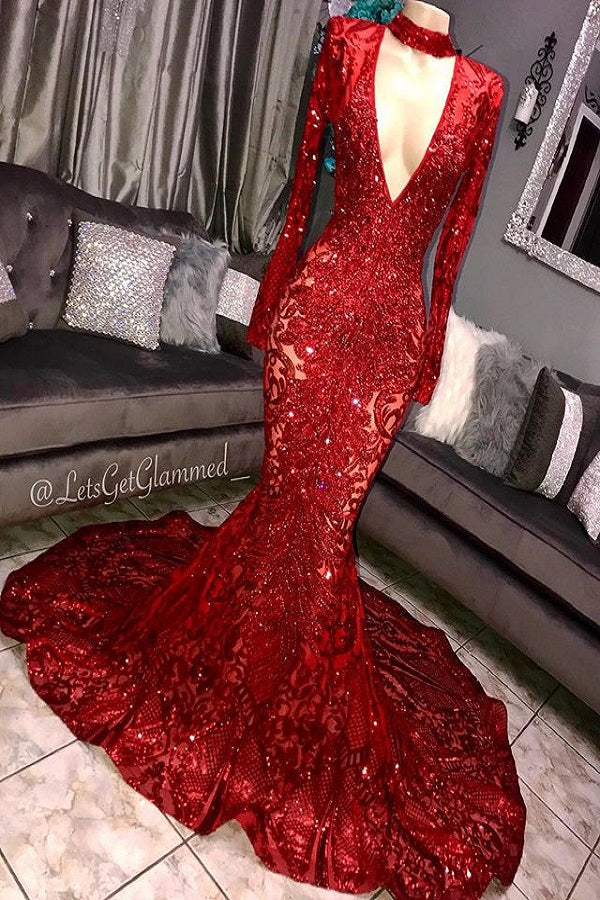 Mermaid Deep V-neck Round Collar Long Sleeve Floor Length Crochet Flower Embroidery Prom Dress-Ballbella