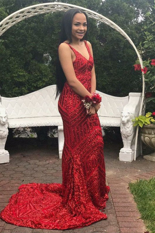 Mermaid Deep V-neck Spaghetti Strap Floor Length Chapel Paillette Evening Dress-Ballbella