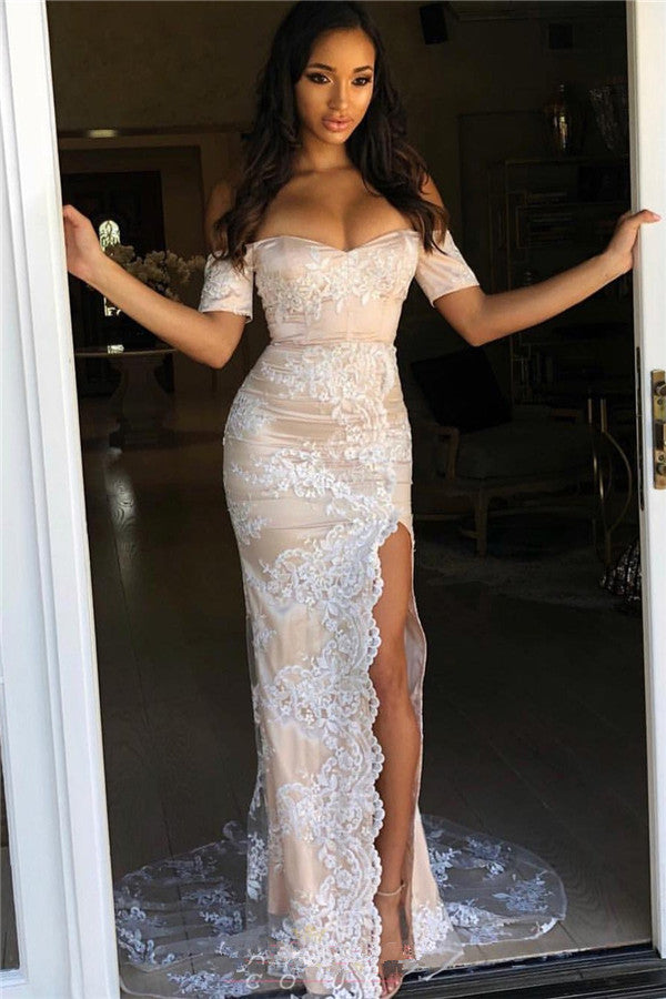 Looking for the best Mermaid Elegant Off-The-Shoulder Appliques Side-Slit Prom Dresses for your prom? Ballbella provides you various ranges of simpe elegant prom dresses online,  you will never regret order here.