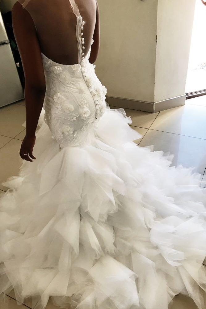 Mermaid Floral Appliques Ruffless Wedding Dresses Sheer Tulle Backless Sleeveless Bridal Gowns-Ballbella