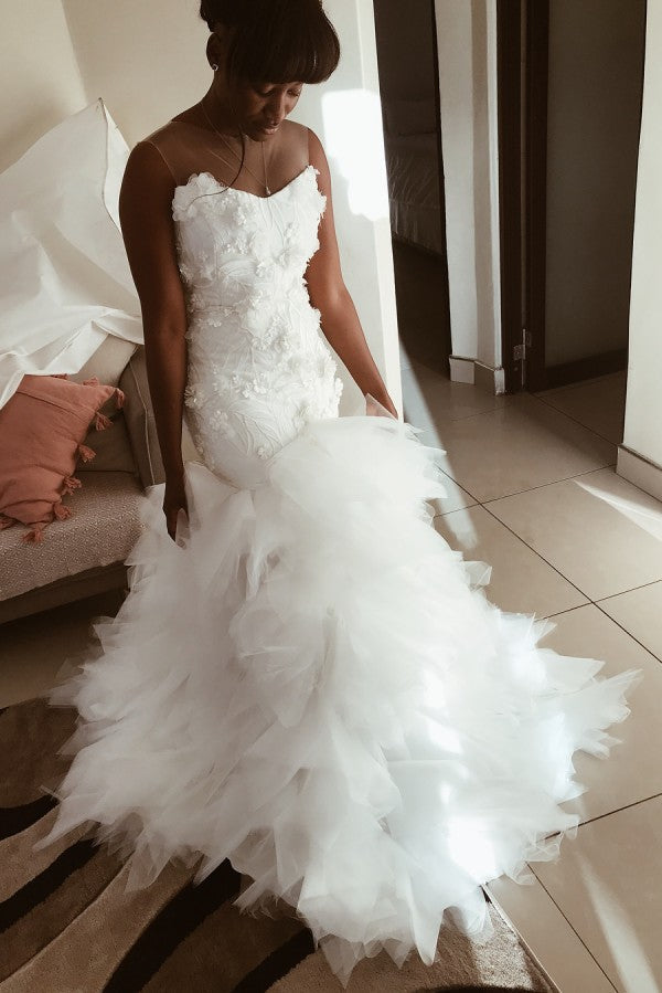 Mermaid Floral Appliques Ruffless Wedding Dresses Sheer Tulle Backless Sleeveless Bridal Gowns-Ballbella