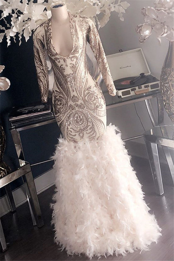 Wanna Evening Dresses in Feather,  Mermaid style,  and delicate lace appliques work? Ballbella has all covered on this elegant Mermaid Gorgeous Appliques Fur V-Neck Long Sleevess Prom Dresses at cheap prices.
