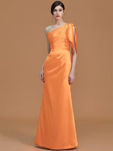 Mermaid Gorgeous One Shoulder Sleeveless Ruched Satin Bridesmaid Dresses-Ballbella