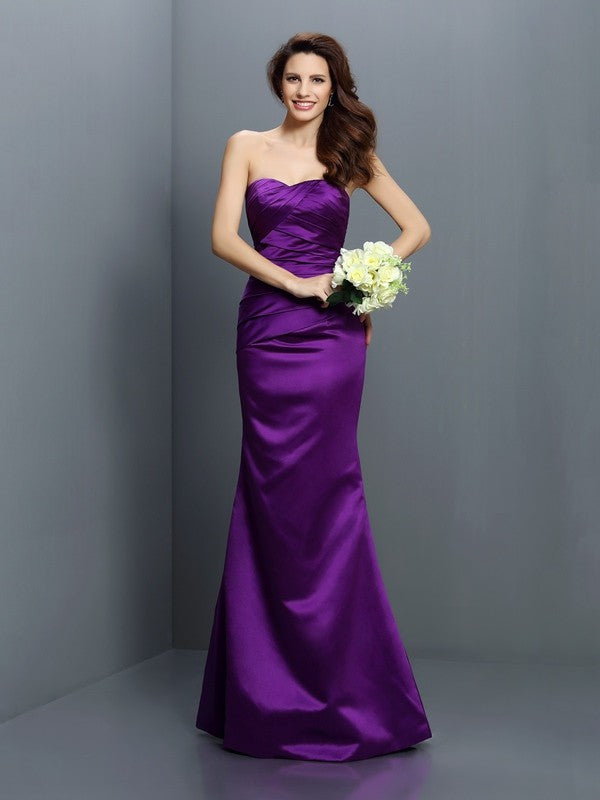 Mermaid Gorgeous Strapless Pleats Sleeveless Long Satin Bridesmaid Dresses-Ballbella