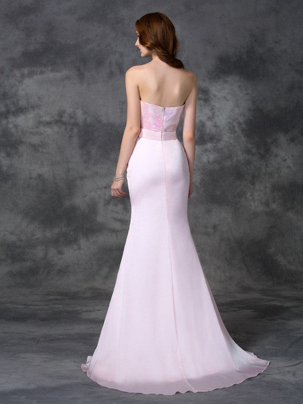 Mermaid Gorgeous Sweetheart Beading Sleeveless Long Satin Chiffon Bridesmaid Dresses-Ballbella