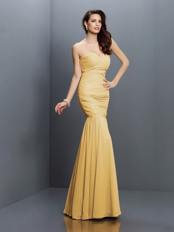Mermaid Gorgeous Sweetheart Pleats Sleeveless Long Chiffon Bridesmaid Dresses-Ballbella