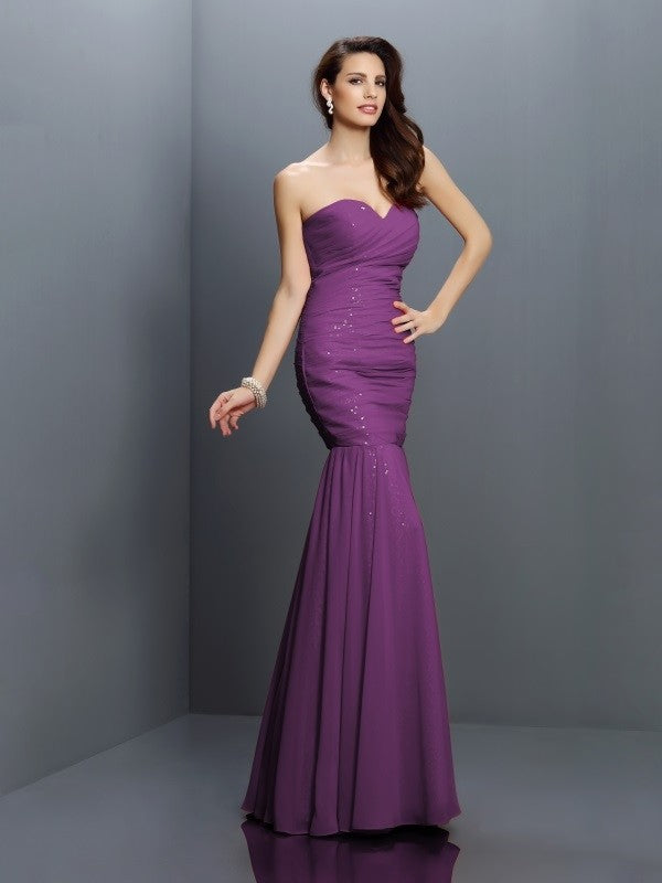 Mermaid Gorgeous Sweetheart Pleats Sleeveless Long Chiffon Bridesmaid Dresses-Ballbella