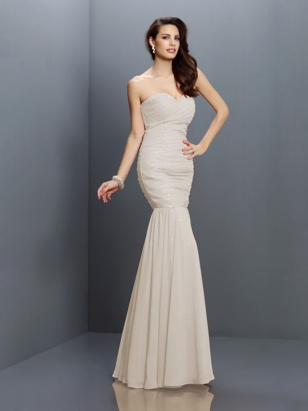 Mermaid Gorgeous Sweetheart Pleats Sleeveless Long Chiffon Bridesmaid Dresses-Ballbella