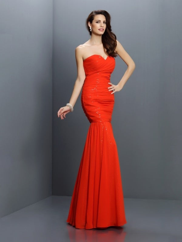 Mermaid Gorgeous Sweetheart Pleats Sleeveless Long Chiffon Bridesmaid Dresses-Ballbella