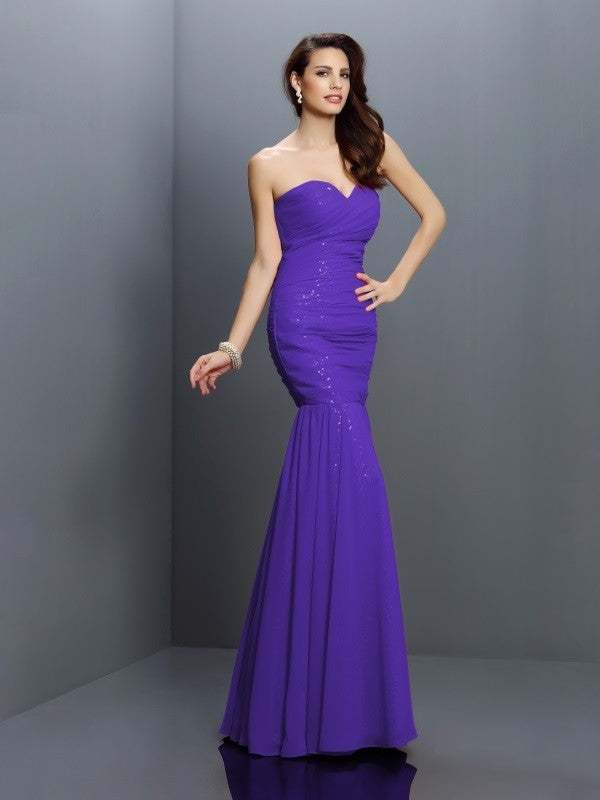 Mermaid Gorgeous Sweetheart Pleats Sleeveless Long Chiffon Bridesmaid Dresses-Ballbella