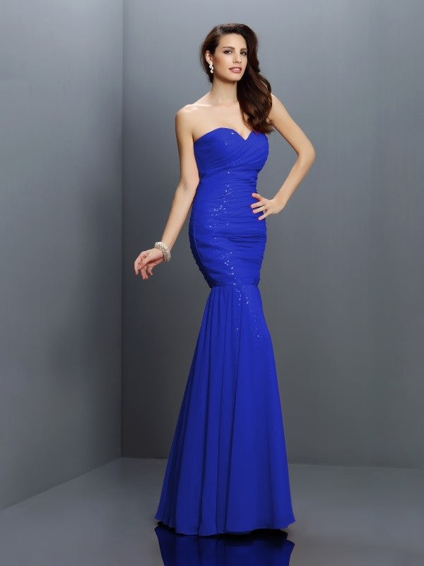 Mermaid Gorgeous Sweetheart Pleats Sleeveless Long Chiffon Bridesmaid Dresses-Ballbella