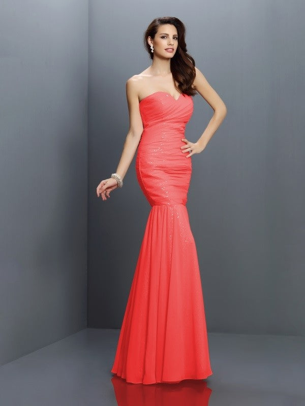 Mermaid Gorgeous Sweetheart Pleats Sleeveless Long Chiffon Bridesmaid Dresses-Ballbella