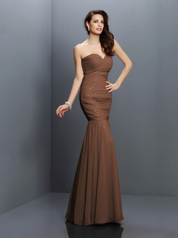 Mermaid Gorgeous Sweetheart Pleats Sleeveless Long Chiffon Bridesmaid Dresses-Ballbella