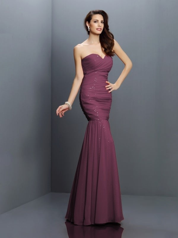 Mermaid Gorgeous Sweetheart Pleats Sleeveless Long Chiffon Bridesmaid Dresses-Ballbella