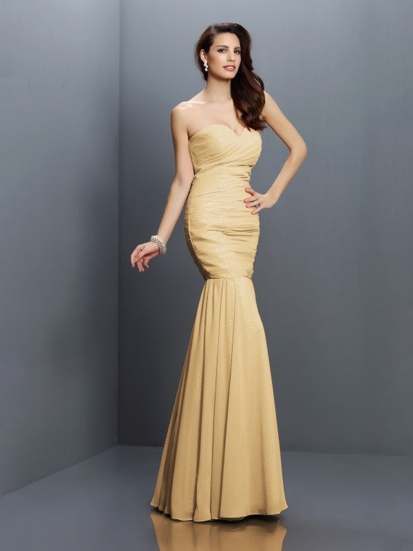 Mermaid Gorgeous Sweetheart Pleats Sleeveless Long Chiffon Bridesmaid Dresses-Ballbella