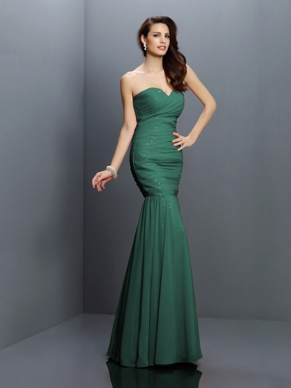 Mermaid Gorgeous Sweetheart Pleats Sleeveless Long Chiffon Bridesmaid Dresses-Ballbella