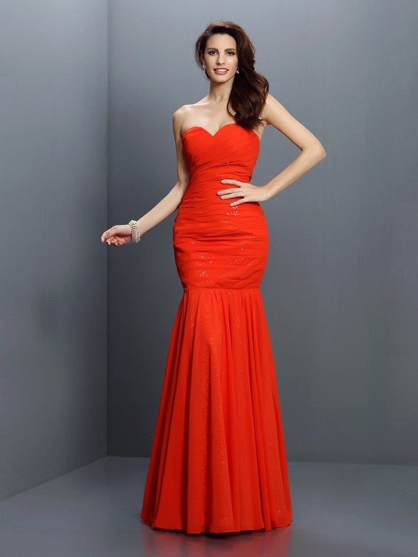 Mermaid Gorgeous Sweetheart Pleats Sleeveless Long Chiffon Bridesmaid Dresses-Ballbella