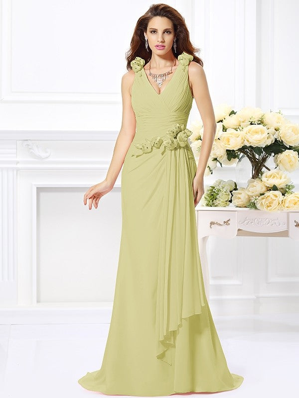 Mermaid Gorgeous V-neck Hand-Made Flower Sleeveless Long Chiffon Bridesmaid Dresses-Ballbella