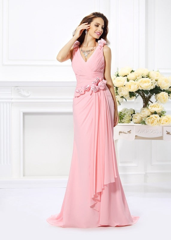 Mermaid Gorgeous V-neck Hand-Made Flower Sleeveless Long Chiffon Bridesmaid Dresses-Ballbella
