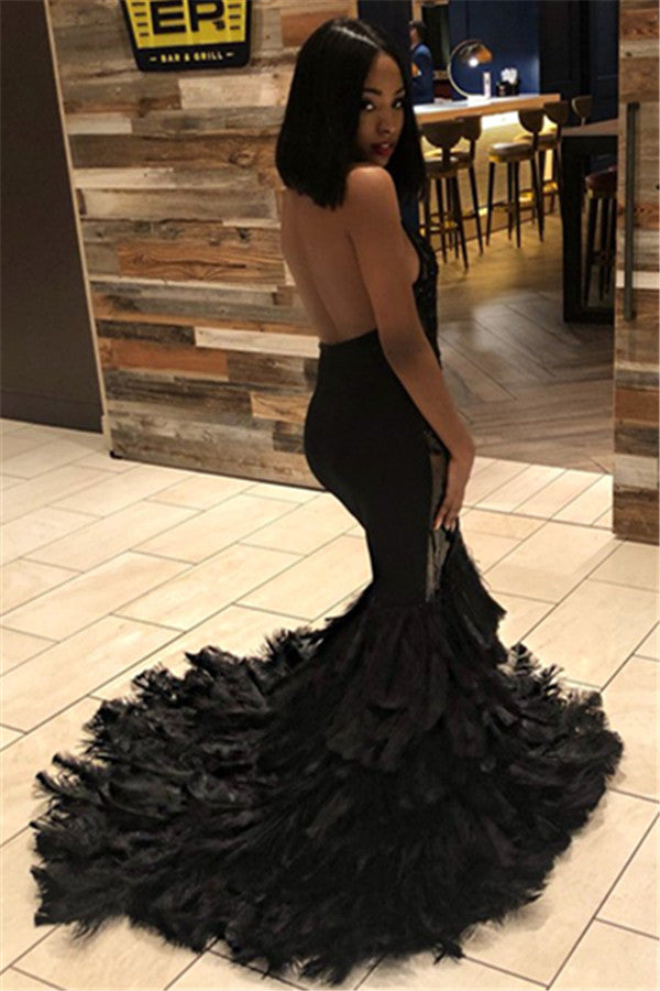Mermaid Halter Backless Chapel Transparent Neckline Paillette Prom Dress-Ballbella