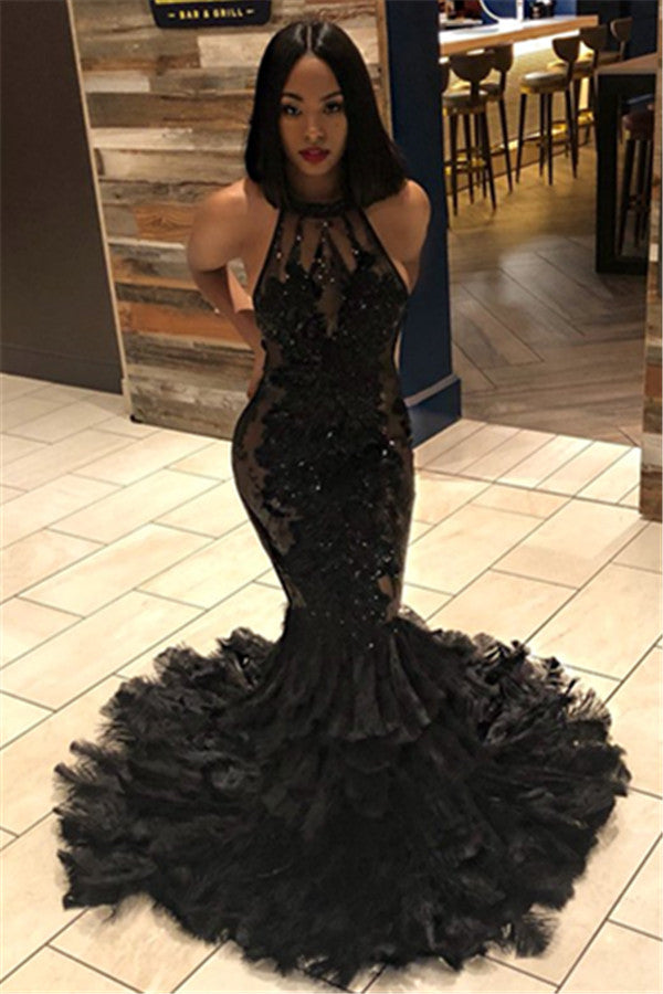 Mermaid Halter Backless Chapel Transparent Neckline Paillette Prom Dress-Ballbella