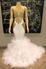 Mermaid Halter Floor Length Chiffon Beading Embroidery Prom Dress-Ballbella