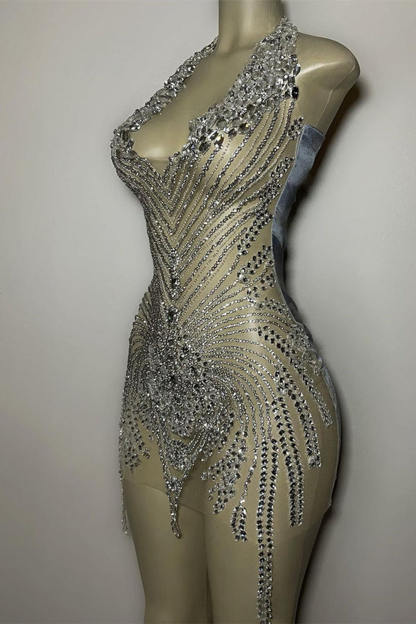 Mermaid Halter Sequined Jersey Beading Sleeveless Mini Rhinestone Party Dress-Ballbella
