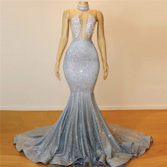 This beautiful Mermaid Halter Sleeveless Floor-Length Prom Party Gowns will contribute to your beauty and make you more attractive in the party. The Halter bodice is fully lined which is soft,  and the Floor-length skirt with to provide a pretty look of Sequined.