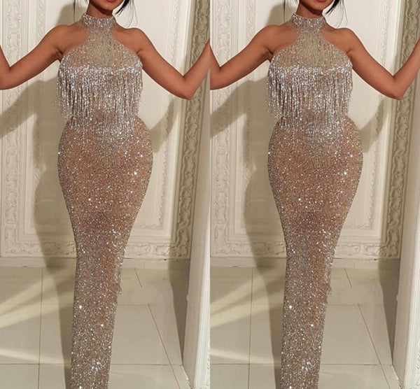 Ballbella offers Mermaid Halter Tassels Sequins Long Prom Dresses at a cheap price from  Sequined to Mermaid Floor-length hem.. Get prom  ready with Gorgeous yet affordable Sleeveless Prom Dresses, Evening Dresses.