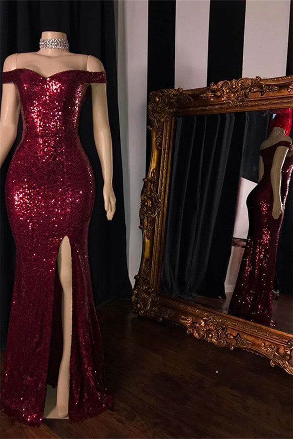 Mermaid Halter-v-neck Or Portrait Front Slit Floor Length Paillette Prom Dress-Ballbella