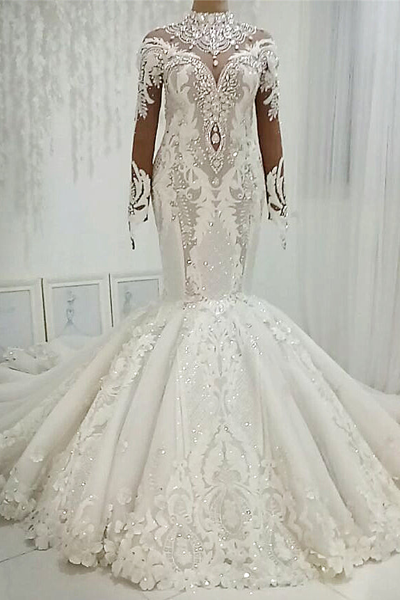 Mermaid High Collar Floor Length Tulle Applique Paillette Wedding Dress-Ballbella