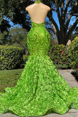 Mermaid High Neck Appliques Lace Sequined Open Back Floor-length Sleeveless Prom Dress-Ballbella