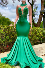 Mermaid High Neck Appliques Lace Sequined Open Back Floor-length Sleeveless Prom Dress-Ballbella