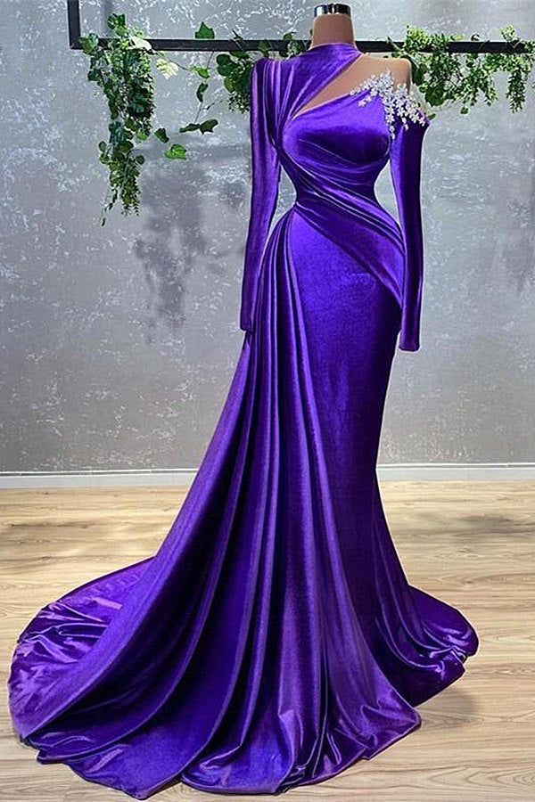 Mermaid High Neck Asymmetrical Floor-length Long Sleeve Flower Prom Dress-Ballbella