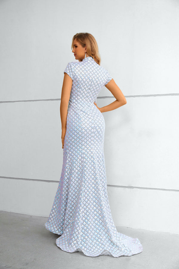 Mermaid High Neck Cap Sleeves Ankle Length Modest Prom Dress-Ballbella