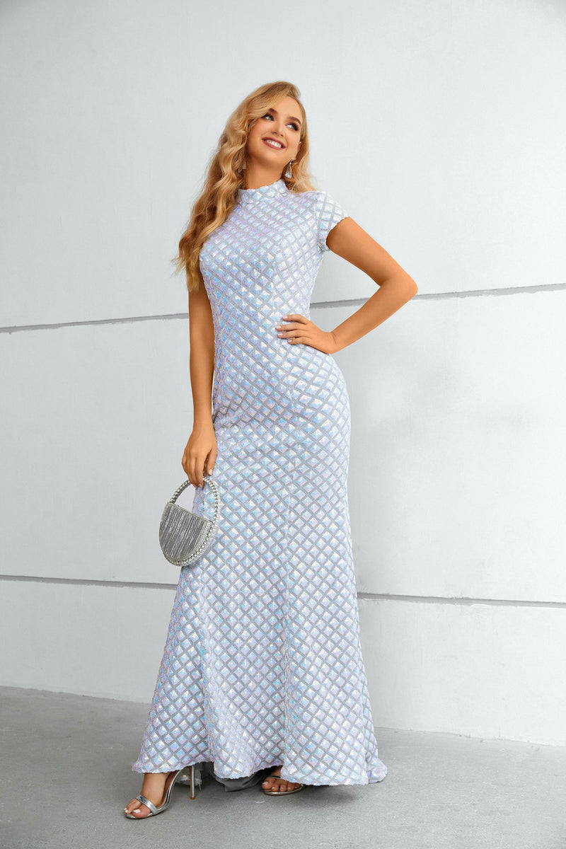 Mermaid High Neck Cap Sleeves Ankle Length Modest Prom Dress-Ballbella