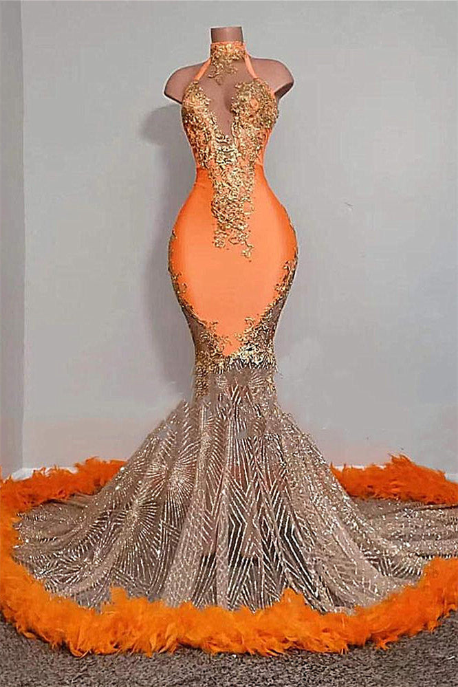 Mermaid High Neck Floor-length Sleeveless Appliques Lace Prom Dress With Feather-Ballbella