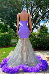 Mermaid High Neck Floor-length Sleeveless Open Back Appliques Lace Beaded Prom Dress With Feather-Ballbella