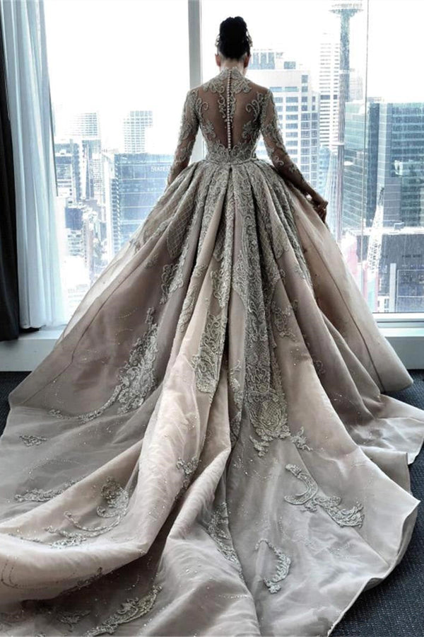 Mermaid High Neck Lace Applique Sequined Floor-length Overskirt Long Sleeve Wedding Dress-Ballbella
