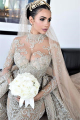 Mermaid High Neck Lace Applique Sequined Floor-length Overskirt Long Sleeve Wedding Dress-Ballbella