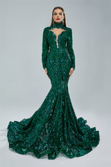 Mermaid High Neck Lace Sequined Floor-length Long Sleeve Elegant Prom Dress-Ballbella