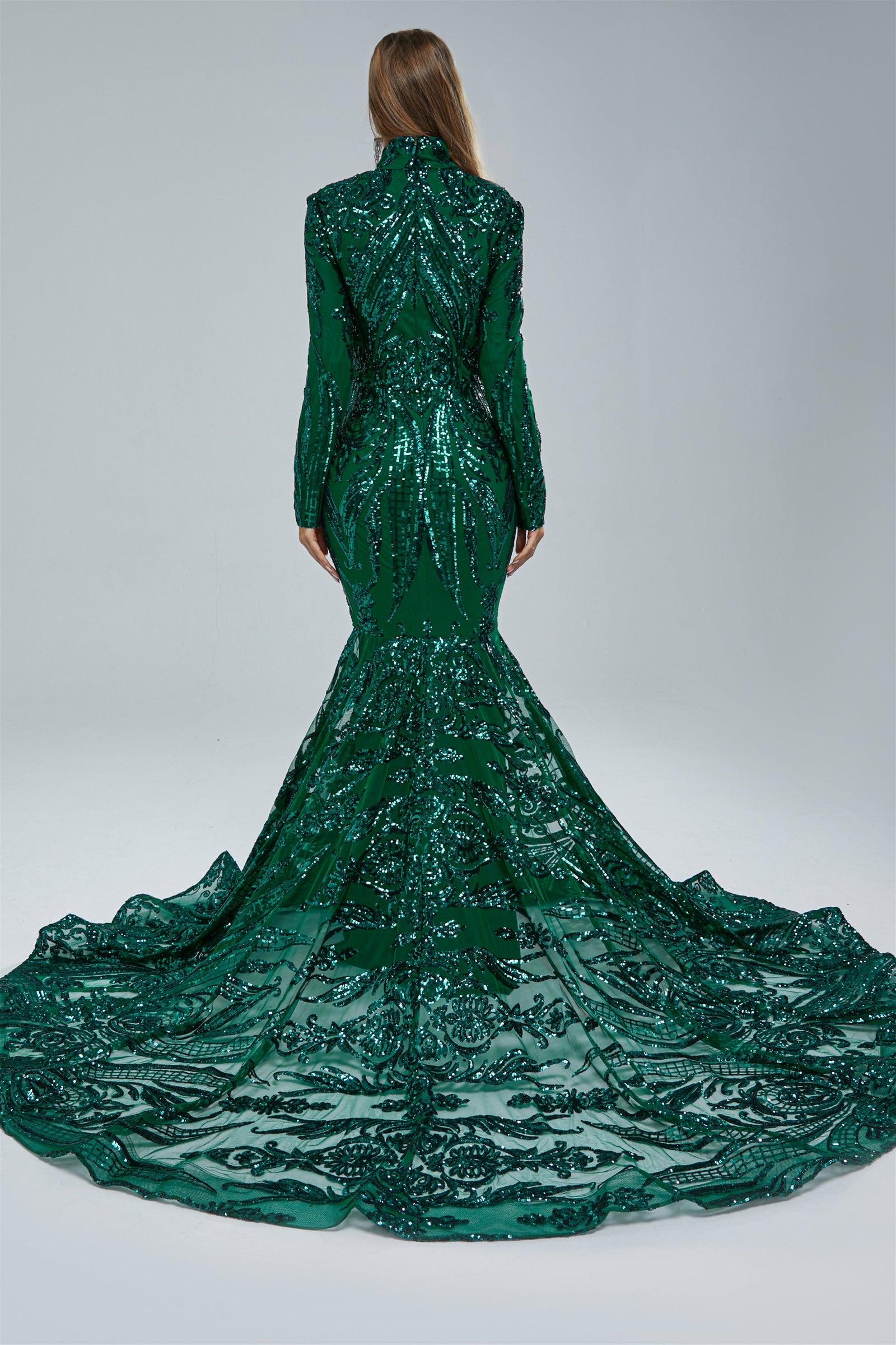 sleeves emerald green prom dress High Neck Long Sleeve Sweep Train Zipper Mermaid Evening Off shoulder Size:50 - 44 WAIST Monochrome Mood UO classic bodycon black Dark Green(For other colors