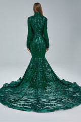 Mermaid High Neck Lace Sequined Floor-length Long Sleeve Elegant Prom Dress-Ballbella